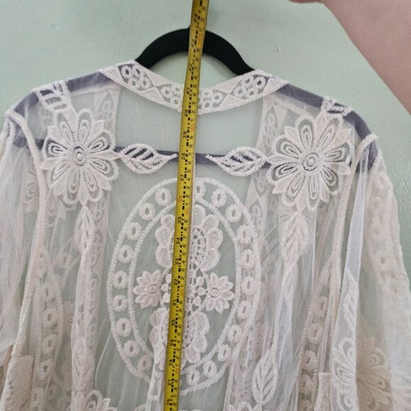 Boho Sheer Embroidered Lace Kimono Cardigan Duster OS Beach coverup Cottagecore - Picture 2 of 5